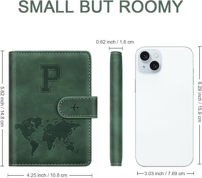 Passport Holder Wallet Cover Personalized Initial Travel Essentials | Embossed Letter A-Z Design, Travel Wallets, RFID Blocking, Passport Book Holders, Women and Men, Personalized Gifts, Green-P