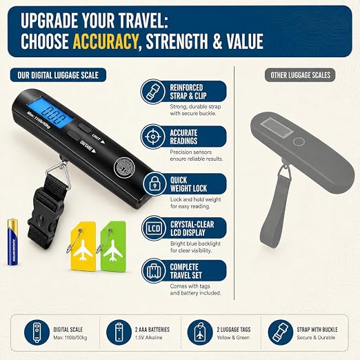Digital Luggage Scale, Backlit LCD, 110lb, Hook | Handheld hanging suitcase scale, tare function, auto shut-off, battery included, 2 bonus luggage tags, secure locking hook