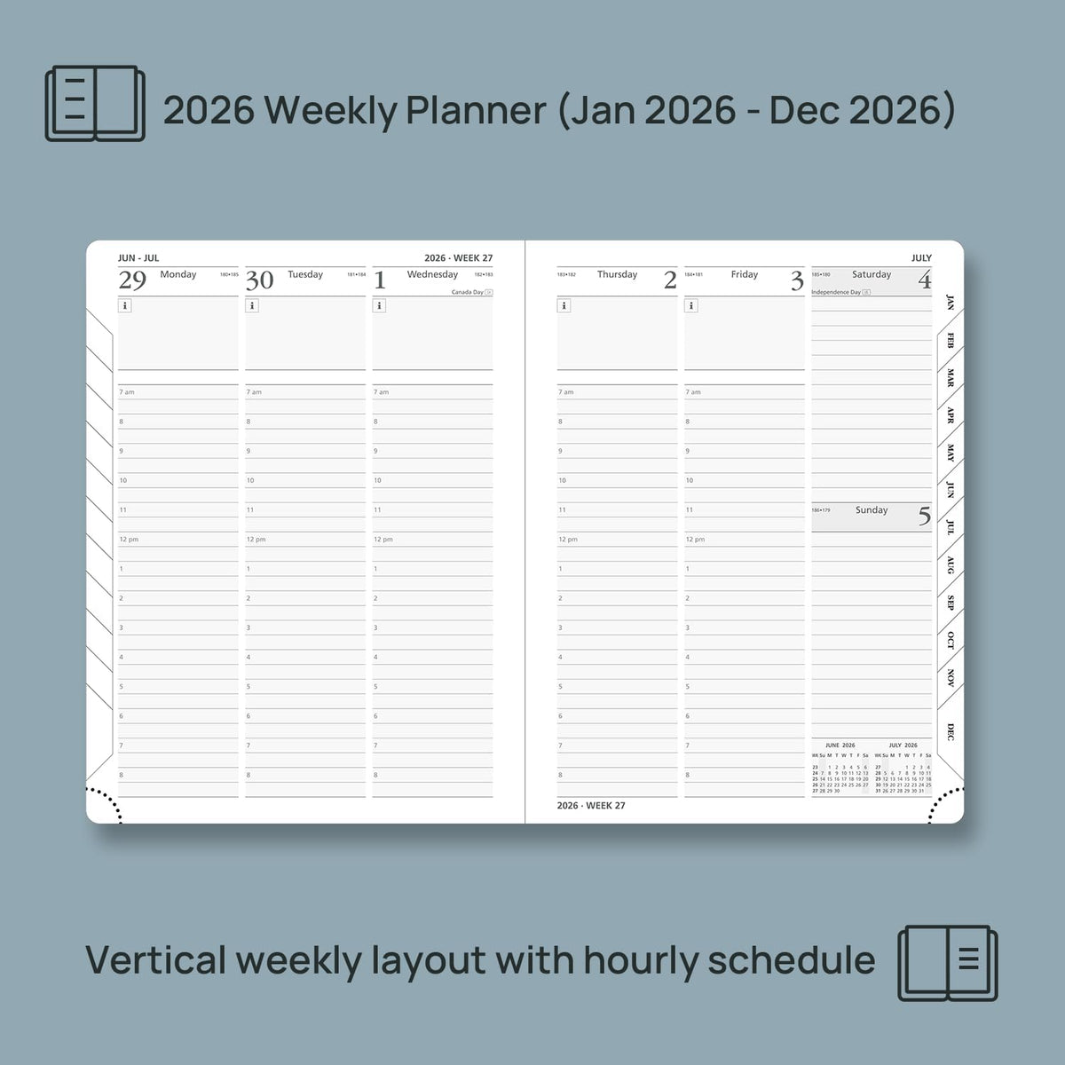 POPRUN 2026 Planner (Medium Size 8.5''x 6.5'' Hardcover) - Daily Weekly and Monthly Calendar Agenda 2026 Appointment Book with Hourly Time Slots, Monthly Tabs, 100 GSM - Navy Blue