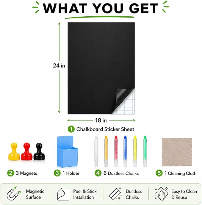 Magnetic Chalkboard 18"x24" for Wall Chalk Board Sticker | Peel & stick magnetic contact paper for walls. Magnet receptive sheet holds magnets, perfect for office or drawing.