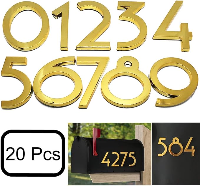 20 Pack Mailbox Numbers 0-9, 2.76 Inch High, Door Address Numbers Stickers for Apartment, House, Room, Office, Cars, Trucks, Gold Plating Process Number Sign