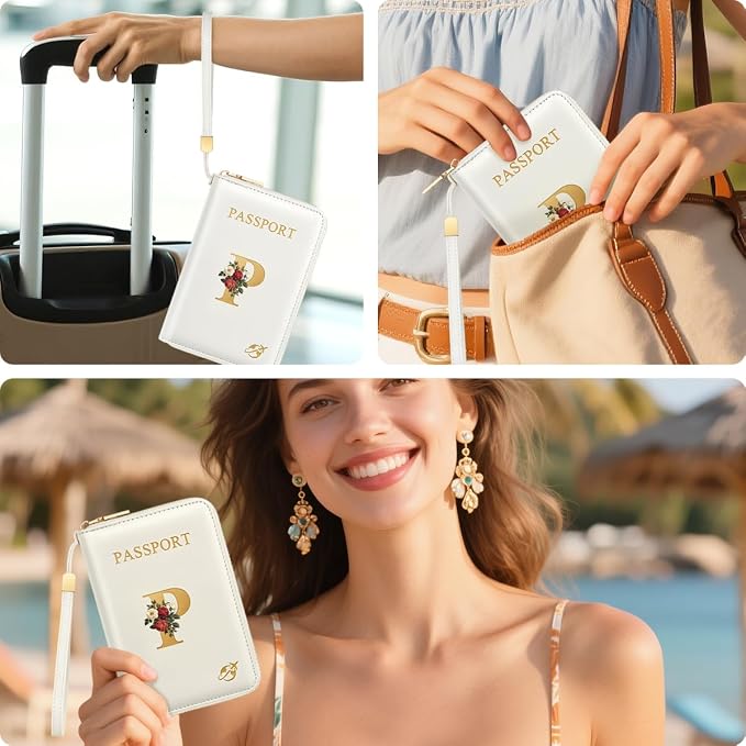 Passport Holder for Travel Personalized Wallet with Wristlet Women | All-in-One Passport Cover, RFID Blocking, Back Coin Pocket, Paper Money Slot, Zipper Closure, Roses Initial Letter, White P