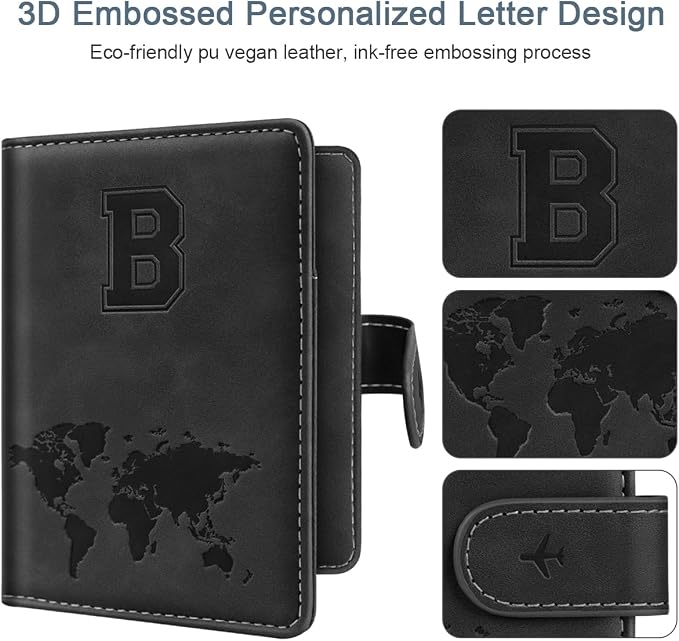 Passport Holder for Travel Essentials Personalized Initial Wallets | Embossed Letter A-Z Design, RFID Blocking, Passport Cover, Passport Book Holders, Men Women, Personalized Gifts, Black-B