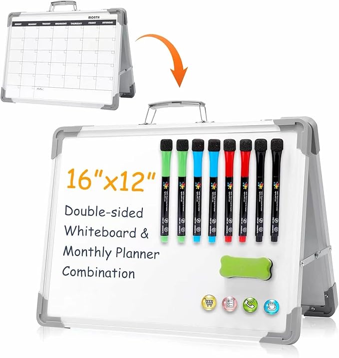 Dry Erase Board 16x12 Double Sided Magnetic Small Whiteboard with Stand | Portable, Foldable, With Stand, Magnetic, Desk Top White Board for School Classroom Homeschooling Office Home Teacher Student