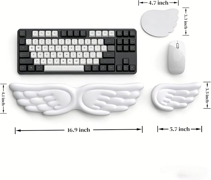 Angel Wing Wrist Rest Ergonomic Memory Foam Wrist Rest for Computer Keyboard Mouse Set with Cup Mat, Cute Gaming Keyboard Cushion Hand Support PU Leather Surface Anti-Slip Waterproof（White）