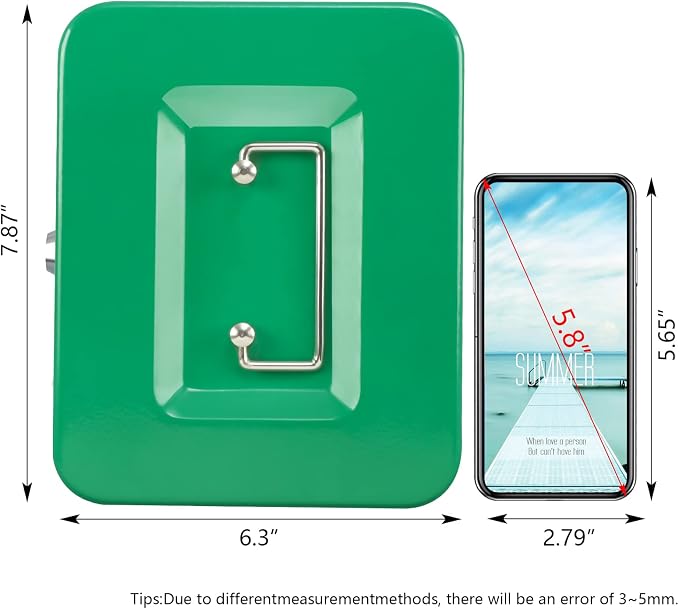 KYODOLED Medium Cash Box with Money Tray,Small Safe Lock Box with Key,Cash Drawer,7.87"x 6.30"x 3.54" Green Medium