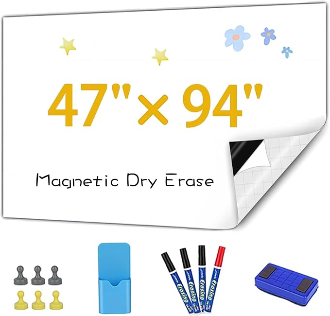 Magnetic Dry Erase Board Contact Paper 47"x94" for Wall | Stick on magnetic white boards for walls. Magnet receptive magnetic board for wall holds magnets.