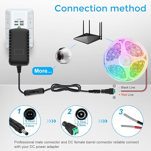 12V Power Supply, 12 Volt 1A 12W DC Power Supply with On Off Switch, Black Switching LED Power Adapter, AC 110V to 12V Transformer Plug for LED Strip Lights with 5.5/2.1 DC Female Connector