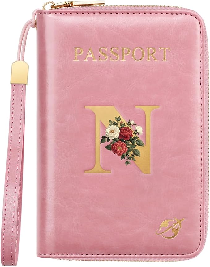 Passport Holder for Travel Personalized Wallet with Wristlet Women | All-in-One Passport Cover, RFID Blocking, Back Coin Pocket, Paper Money Slot, Zipper Closure, Roses Initial Letter, Pink N