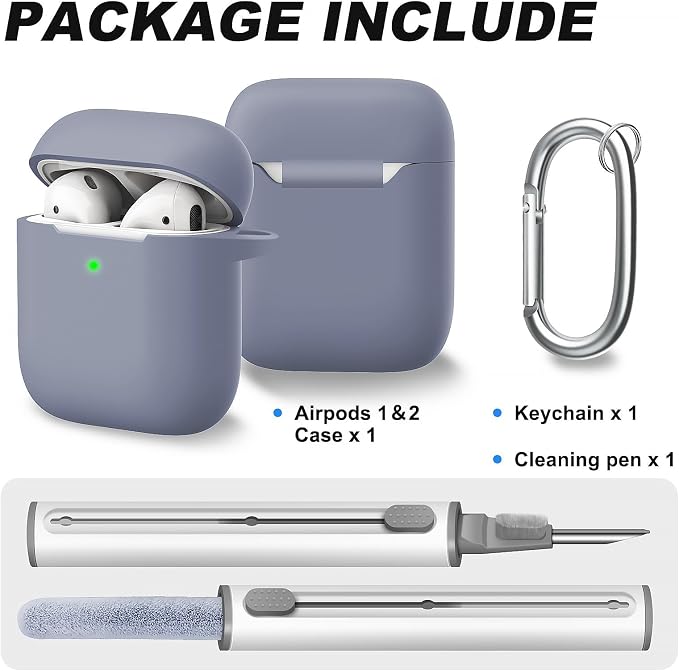 for AirPods Case Cover, Come with Cleaner Kit, Soft Silicone Protective Cover with Buckle, Compatible with Apple AirPods 2nd 1st Generation Charging Case, Front LED Visible, Grey Blue