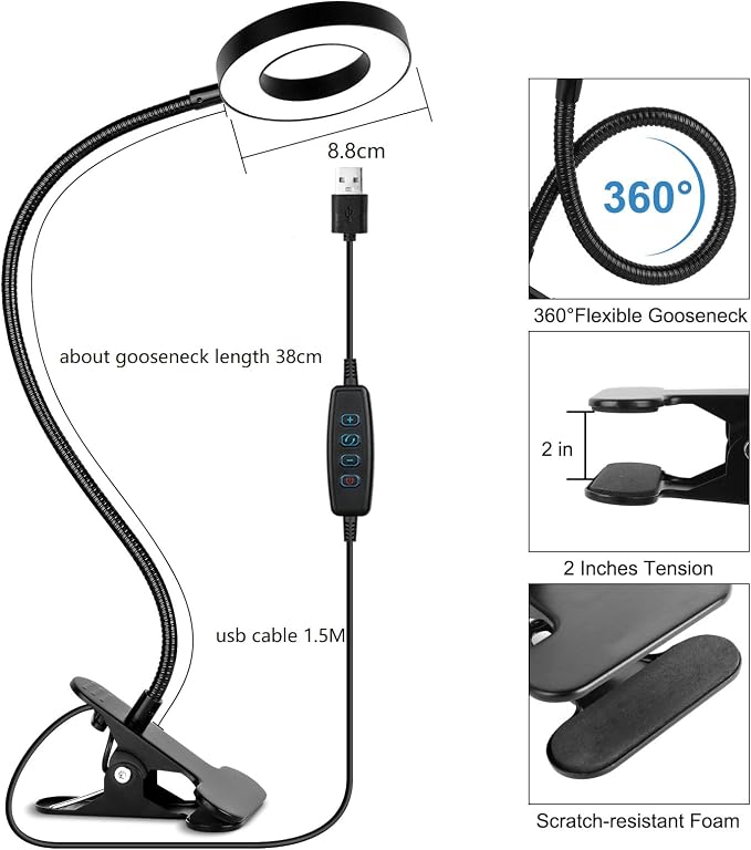 Woputne Desk Lamps Clip on Reading Light for Bed Home Office Craft (Black) | With 5V 2A Adapter, 10 Dimmable Brightness 3 Modes, Flexible Neck Light Desk Lamps for Home Office Headboard