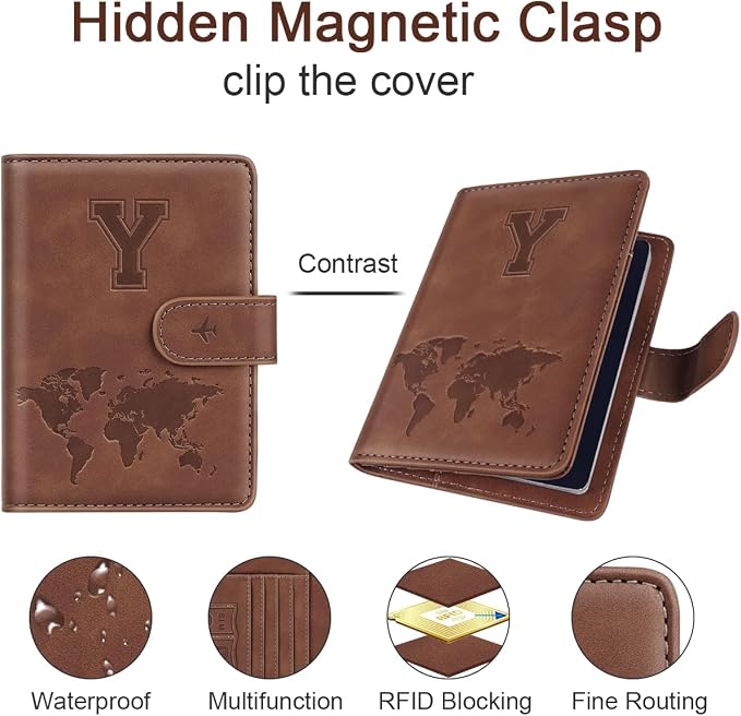 Passport Holder Wallet Cover Personalized Initial Travel Essentials | Embossed Letter A-Z Design, Travel Wallets, RFID Blocking, Passport Book Holders, Women and Men, Personalized Gifts, Brown-Y