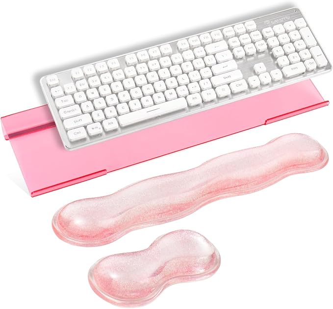 Pink Acrylic Ergonomic Keyboard Stand with Clear Gel Wrist Rest | for Desktop Clear Keyboard Holder with Soft Wrist Support, Aesthetic Desk Accessories for Office, Gaming & Home