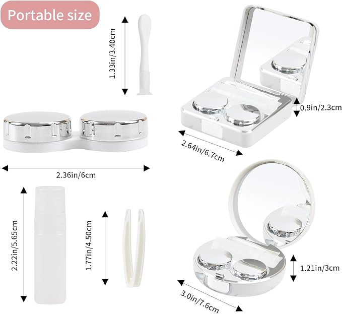2 Pack Contact Lens Case, Portable Eye Contacts Colored Lenses Applicator Remover Tool Kit with Mirror Solution Bottle for Daily Makeup Office Travel Outdoor (Silver Marble)