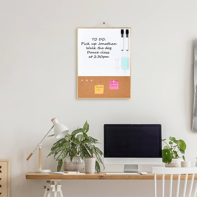 Small Combination Board - 16" X 12" Portable Aluminum Gold Framed Magnetic Dry Erase Board for Wall, Small Bulletin Cork Board with Holder for Office, Home and School