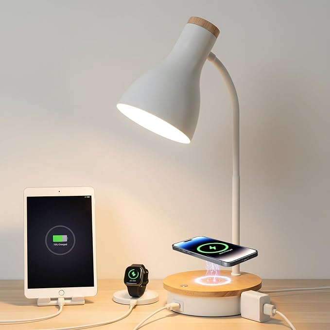 LALISU Desk Lamp for Home Office, 10W Wireless Charger Desk Light with USB C+AC Charging Ports,3 Ways Dimming Reading Light, Touch Table Lamp for College Dorm Room (White-Fast Charging (10W))