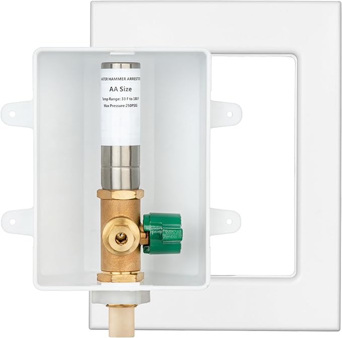 (1 Pack) Lidertik 1/2 inch CPVC Connect Pre-Assembled Ice Maker Outlet Box Valve 1/4 inch Recessed Refrigerator Water Line Wall Box with Shut Off Valve and Stainless Steel Water Hammer Arrestor 641