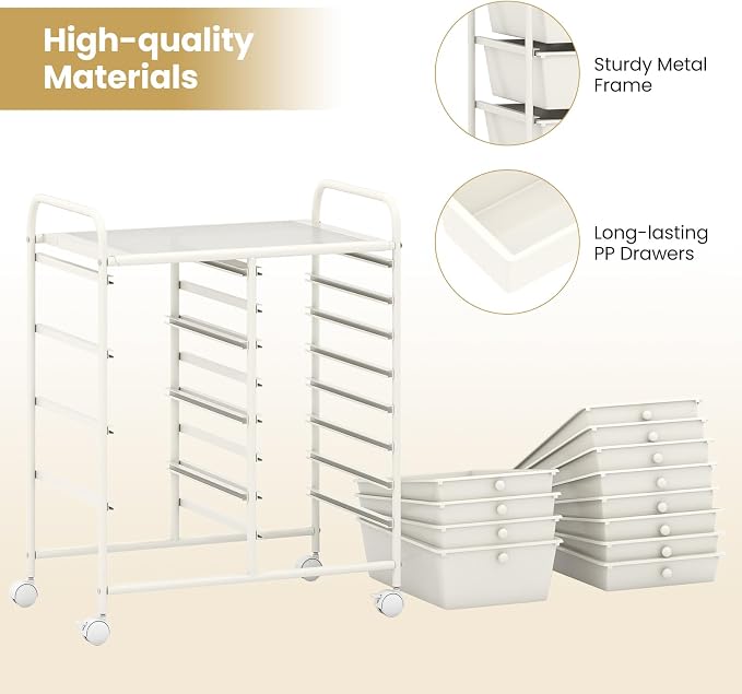 BECOMFORT 15-Drawer Rolling Cart with Drawers, Storage Cart on Wheels, Teacher Classroom Organizers with Metal Frame, Mobile Craft Cart for Tools