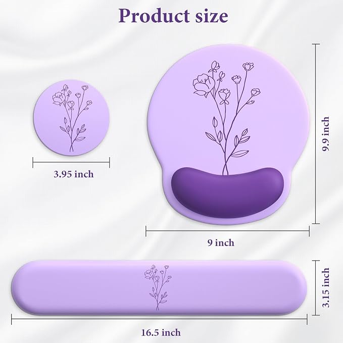 3 in 1 Ergonomic Mouse Pad and Keyboard Wrist Rest with Coaster Set-Purple | Cute Large Mousepad with Gel Wrist Support for Gaming Computer Laptop Women Office Home Desk Decor