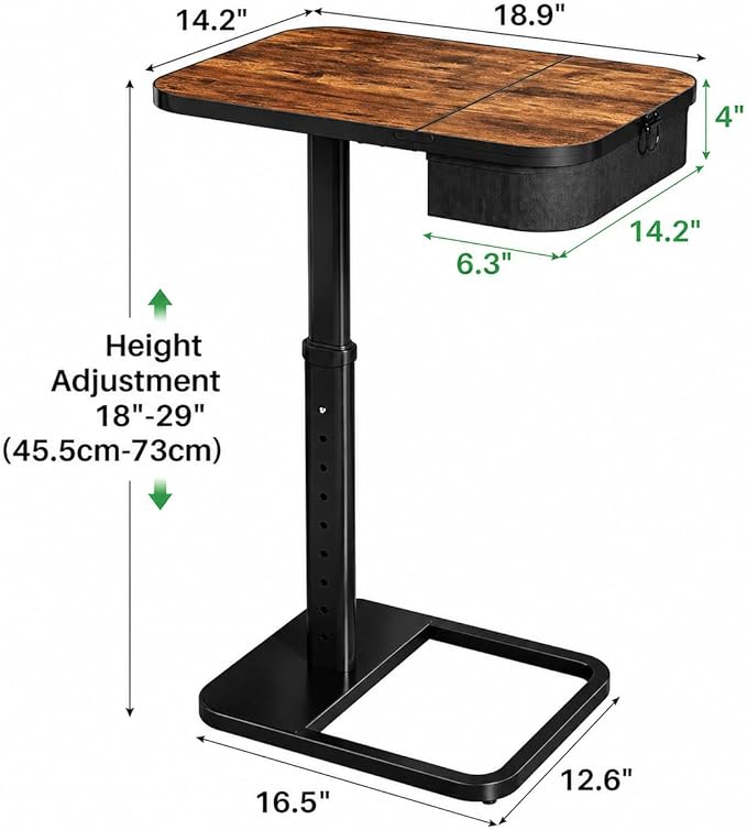 Kitstorack Large TV Tray Table with Flip-Top Storage, Adjustable Height | 18.9" x 14.2" desktop, metal frame, Oxford fabric basket, 9 height settings, C-shaped base, sofa, bed, living room