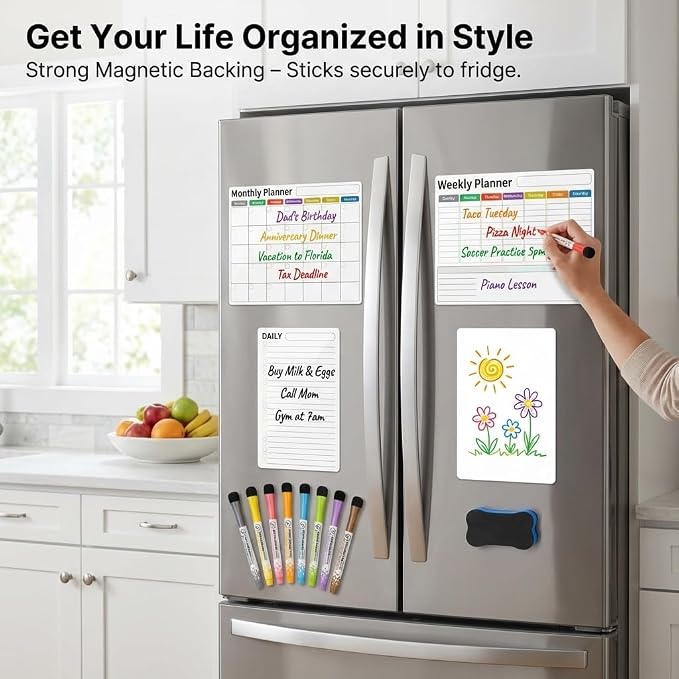 Magnetic Calendar for Refrigerator, Fridge Calendar 4-Pack | Monthly Weekly XL Daily & Blank Dry Erase Calendar Set with Nano-Tech Surface, 17"x12" Magnetic Boards, 8 Markers & Eraser