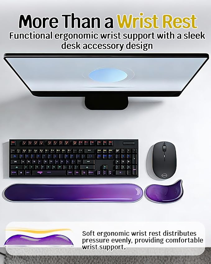 Clear Gel Keyboard Wrist Rest with Mouse Pad Wrist Support, Ergonomic Wrist Rest for Computer Keyboard and Mouse, Non-Slip Cooling Keyboard Pad for Office, Gaming & Laptop (Purple)