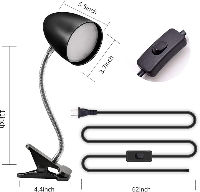 E ENERGETIC LIGHTING Clip on Light for Bed, Non-Dimmable Clip on Reading Light for Bed, 4000K Cool White, 3.5W 240 LM Desk lamp with clamp, Eye Protection, ETL Listed, Black