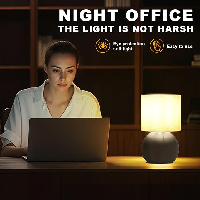 Modern Small Table Lamp Set of 2, Minimalist Nightstand Bedside Lamps with One-Button Inline Switch, 6.2×6.2×10.4 Inch Desk Light for Bedroom, Living Room,Including Light Bulb（Grey）