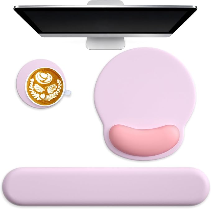 3 in 1 Ergonomic Mouse Pad and Keyboard Wrist Rest with Coaster Set-Pink | Cute Large Mousepad with Gel Wrist Support for Gaming Computer Laptop Women Office Home Desk Decor
