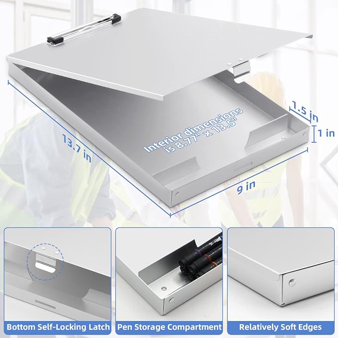 Metal Clipboard with Storage,Form Holder Portfolio Aluminum Metal Binder with High Capacity Clip Posse Box Self Locking Latch -14 x 9.25 inch Size Clipboard for Office Business Professionals Stationer