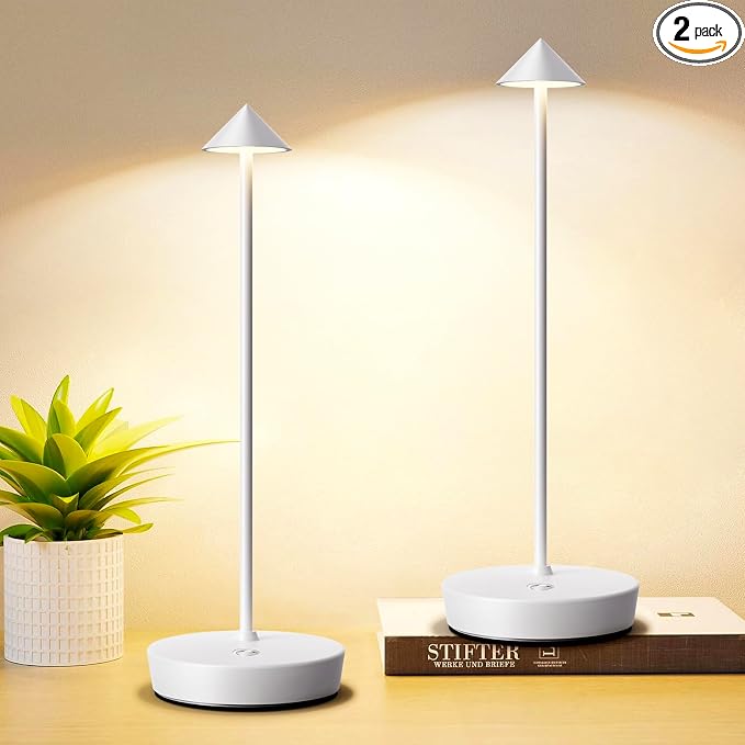 Set of 2 Cordless Rechargeable Led Table Lamp Battery Operated Light White | 6000mAh Touch 3 Color Dimming Portable Metal Outdoor Waterproof Light for Patio/Restaurant/Dining/Home
