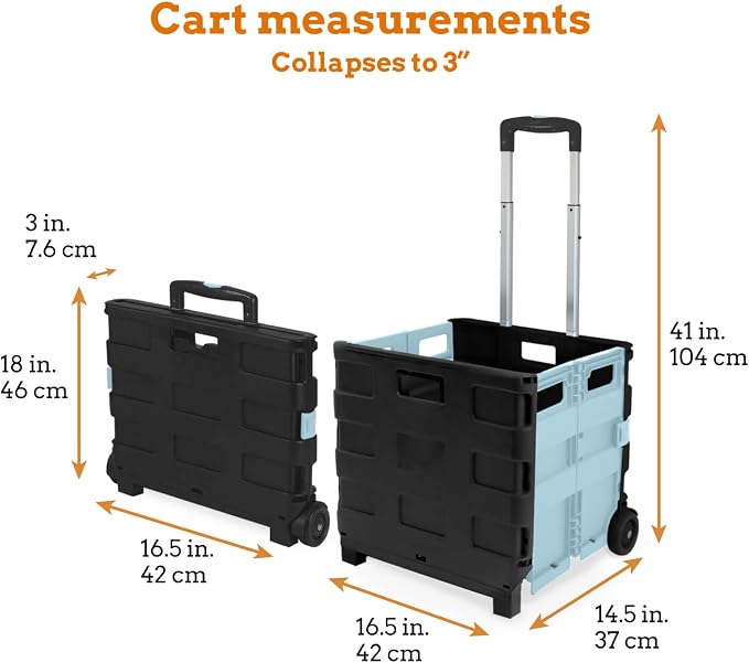 Ultra-Slim Rolling Collapsible Storage Pack-N-Roll Utility-carts, with Telescopic Handle, for Home, Garden, Shopping, Office, School use, Large, Baby Blue & Black