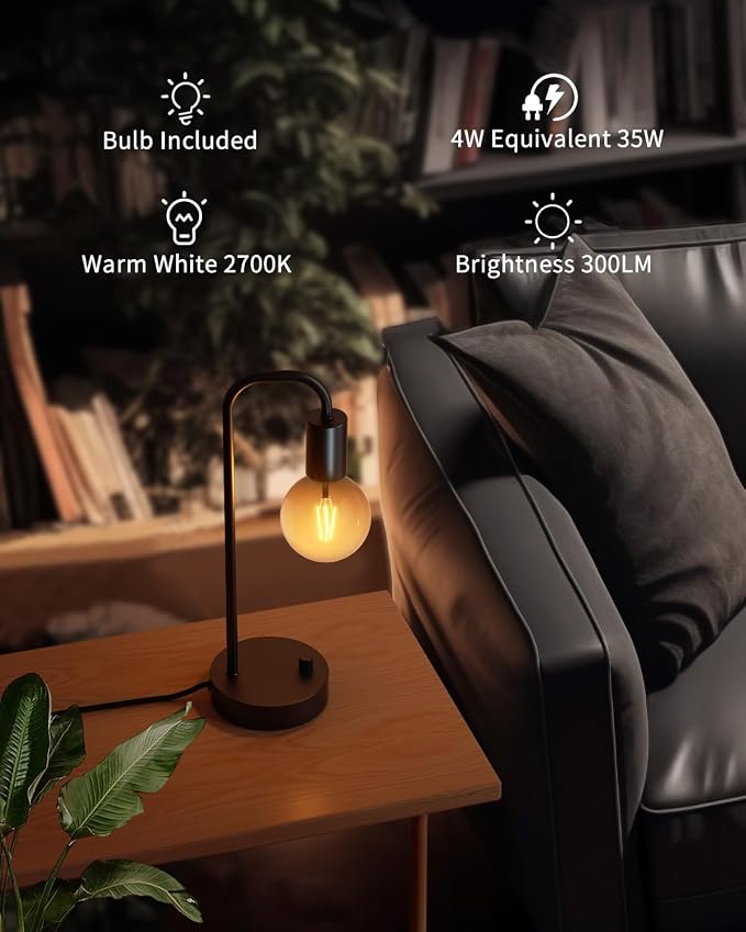 ONEWISH Industrial Table Lamp Set of 2 with USB C&A Charging Port, Stepless Dimmable Nightstand Bedside Lamps for Bedroom,Desk Lamps with 2700K Black Gradient Bulb for Reading Living Room,Office