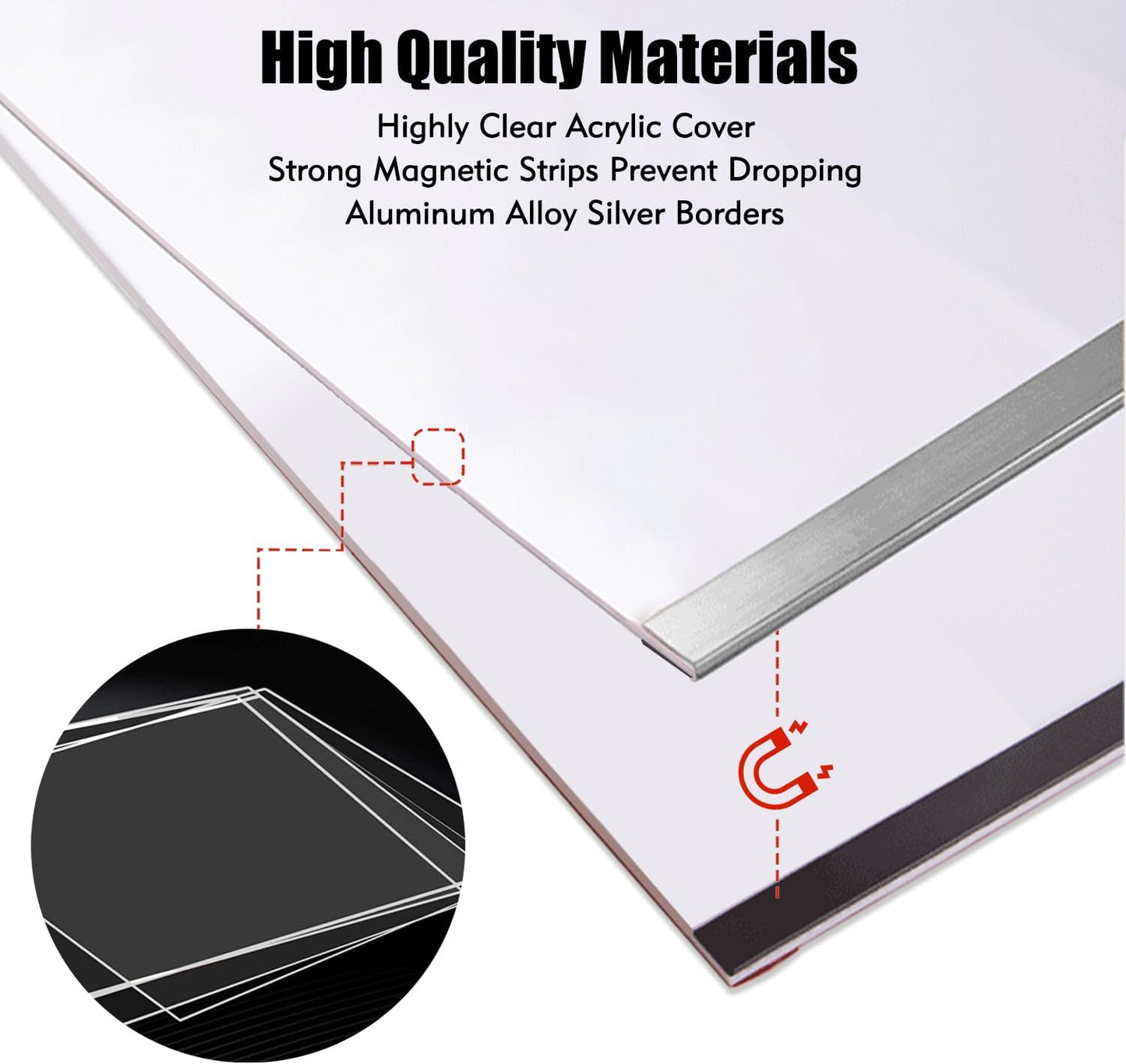 Acrylic Magnetic Sign Holder, Easy-Opening 8.5 x 11 Wall Mount Display Frames, Self Adhesive Back Plastic Clear Document Holder, Silver Aluminium Strips Frame (6Pack)