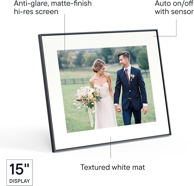 Aura 15" HD WiFi Digital Picture Frame – Free Unlimited Cloud Storage – Send Photos from Phone – No Subscription – Auto On/Off – Gift for Parents & Grandparents (Black Mat, 15")