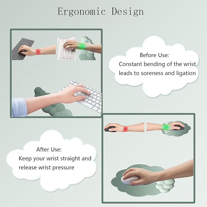 Cloud Keyboard Wrist Rest Dark Green Mouse Pad with Wrist Rest Ergonomic Wrist Pad Memory Foam Non-Slip Wrist Support for Computer Laptop Gaming Home Office Relief Typing Pain Green