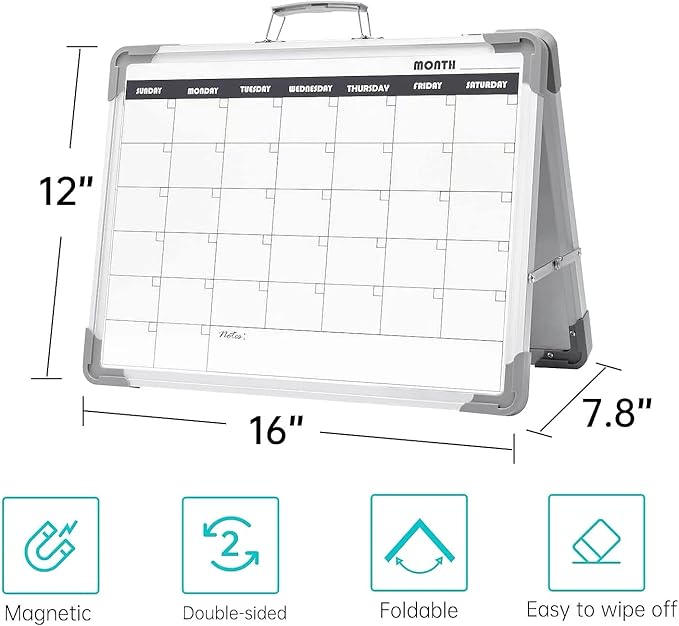 Dry Erase Board 16x12 Double Sided Magnetic Small Whiteboard with Stand | Portable, Foldable, With Stand, Magnetic, Desk Top White Board for School Classroom Homeschooling Office Home Teacher Student