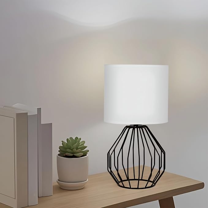 Small Table Lamp Black, Modern Minimalist Desk Lamp with Metal Base White Fabric Shade, Bedside Nightsand Table Lamp for Bedroom, Living Room, Kids Room