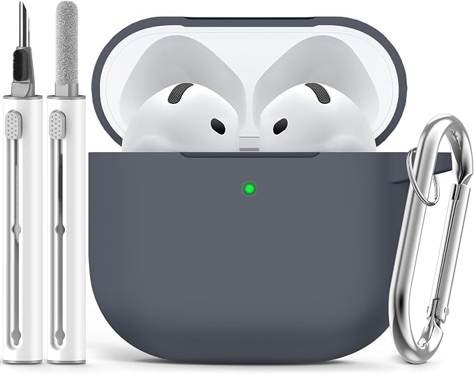 Ljusmicker for AirPods 4 Case 2024 with Cleaner Kit,Soft Silicone Protective Cover for Apple AirPods 4th Generation Cases for Women Men,for AirPod 4 Case Accessories with Keychain-Dark Grey