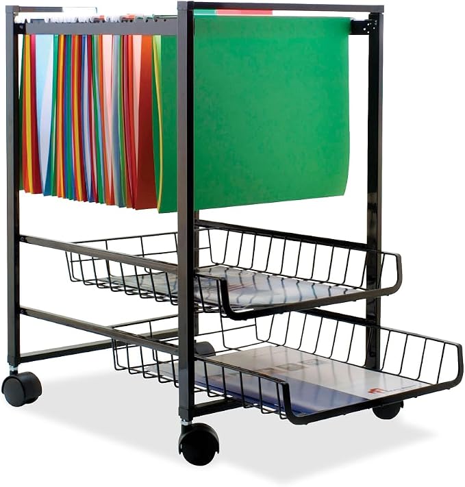 Mobile File Cart with Sliding Baskets, Metal, 2 Drawers, 1 Bin, 12.88" x 15" x 21.13", Black