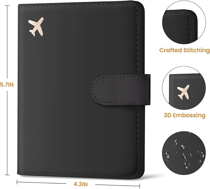 Passport Holder for Travel Essentials, RFID Blocking Leather Cover Wallet with Magnetic Closure, Aesthetic & Cute Passport Book Case for Women and Men - Black
