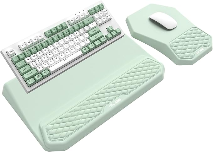 3-in-1 Ergonomic Keyboard Stand with Wrist Rest & Mouse Pad Set,Light Green | Comfy Keyboard Riser Holder Soft Mousepad with Massage Design, Memory Foam and Non-Slip PU Base for Pain Relief