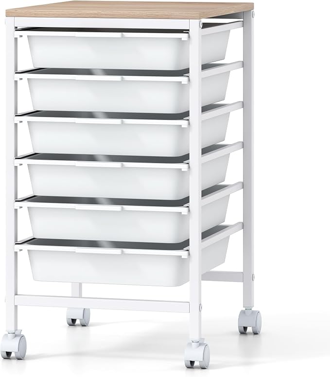Giantex Rolling Storage Cart with 6 Drawers, Utility Cart w/Wooden Tabletop, Lockable Wheels, Multipurpose Organizer for Art Craft Books Paper, Drawer Carts for Dorm Classroom Office, White
