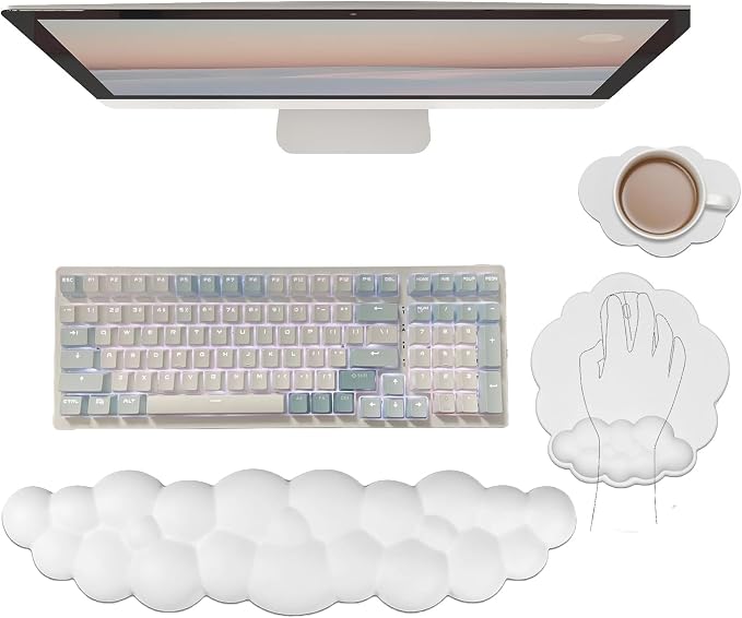 Cloud Wrist Rest Keyboard Cute Cloud Mouse Pad with Wrist Rest for Keyboard and Mouse Leather Cloud Wrist Pad Non-Slip Wrist Support for Computer Gaming Home Office Desk Decor Relief Pain White