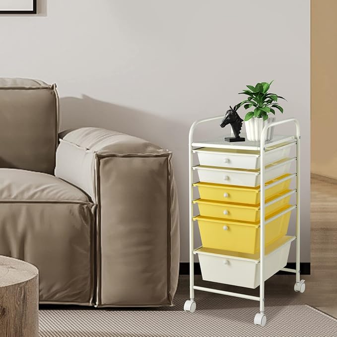 COSTWAY 6-Drawer Rolling Storage Cart, Art Craft Tools Organizer on Wheels | Multifunctional Heavy Duty Utility Mobile Storage Trolley w/ 2 Lockable Wheels for Home Office School (Yellow, Beige & Grey)