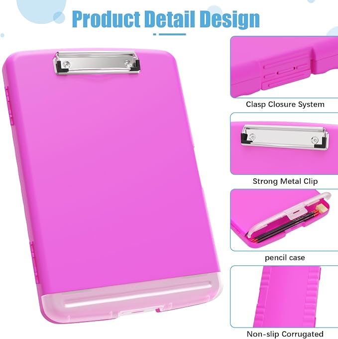Hongri Clipboard with Storage with Pencil Case, 8.5 x 11 Storage Clip Board | High Capacity Organization Box for A4 Letter Legal Paper, Heavy Duty Folio & Side-Opening for Nurses, Teachers, Light Red