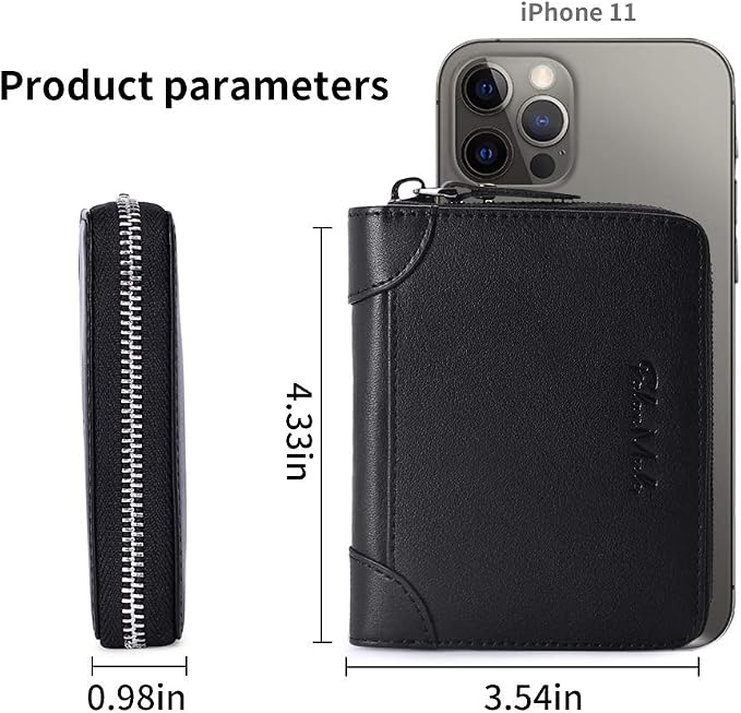 Wallets For Men Genuine Leather Short RFID Blocking Zip-around Bifold Wallet（Black）