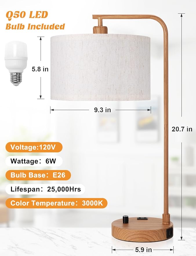 Innqoo Wood Table Lamp for Bedroom with USB Port and Outlet, Dimmable Nightstand Bedside Lamps with Linen Lampshade, Desk Lamp for Home Office, Living Room, Guest Room, LED Bulb Included