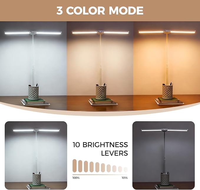 LED Desk Lamp for Home Office, Double Head Desk Light with Clamp | 3 Modes 10 Brightness, Long Flexible Goose-Neck, Eye-Caring, Memory Function, Energy Efficient, USB Adapter, Metal, White