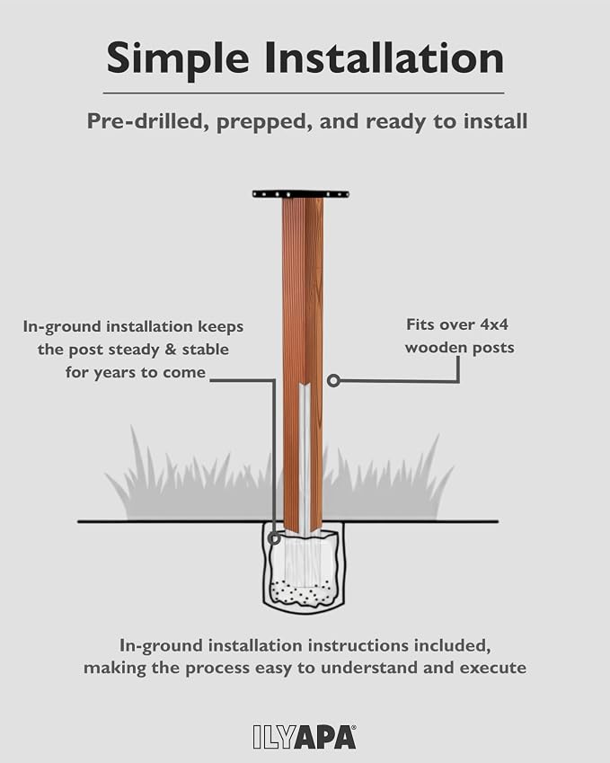 Ilyapa Metal Mailbox Post for Outside, 43x4x4 inch Wood Print Metal Post Sleeve with Two Universal Mounting Plate Brackets for Decorative Residential Mailboxes, Heavy Duty